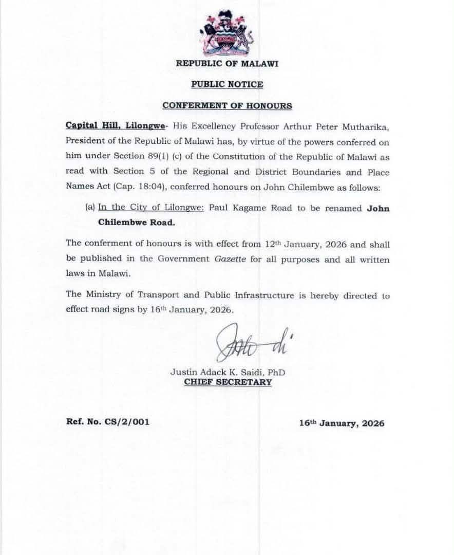 byobe_malenga's tweet image. Au #Malawi , la route qui était surnommée « #paulkagame Road » a été rebaptisée et porte désormais le nom de « #JohnChilembwe Road », sur ordre du Président de la République du Malawi, S.E. Peter @PeterMutharika.