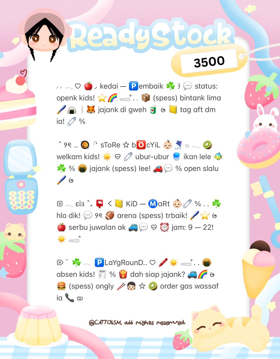 CATTOlSM's tweet image. ⣠ ︵  ♥︎  help repost?  tysm &amp;lt;3 ⭐️🎀  𓂅

◠  ⢸⠀ ada  wording  8  bio wording   kidcore  bocil  ready  stock. . 🎶🍏  𓂃 . εїз   hanya  3.5k .ᐟ.ᐟ  &amp;gt;___%   💬👧🏻   ▷  ketuk  DM  sekarang. . ✋🏻 ₊˚𓂂

☆ —— tap alt for details! . . 🐈💧
zonauang  %  zonajajan  %  zonaba