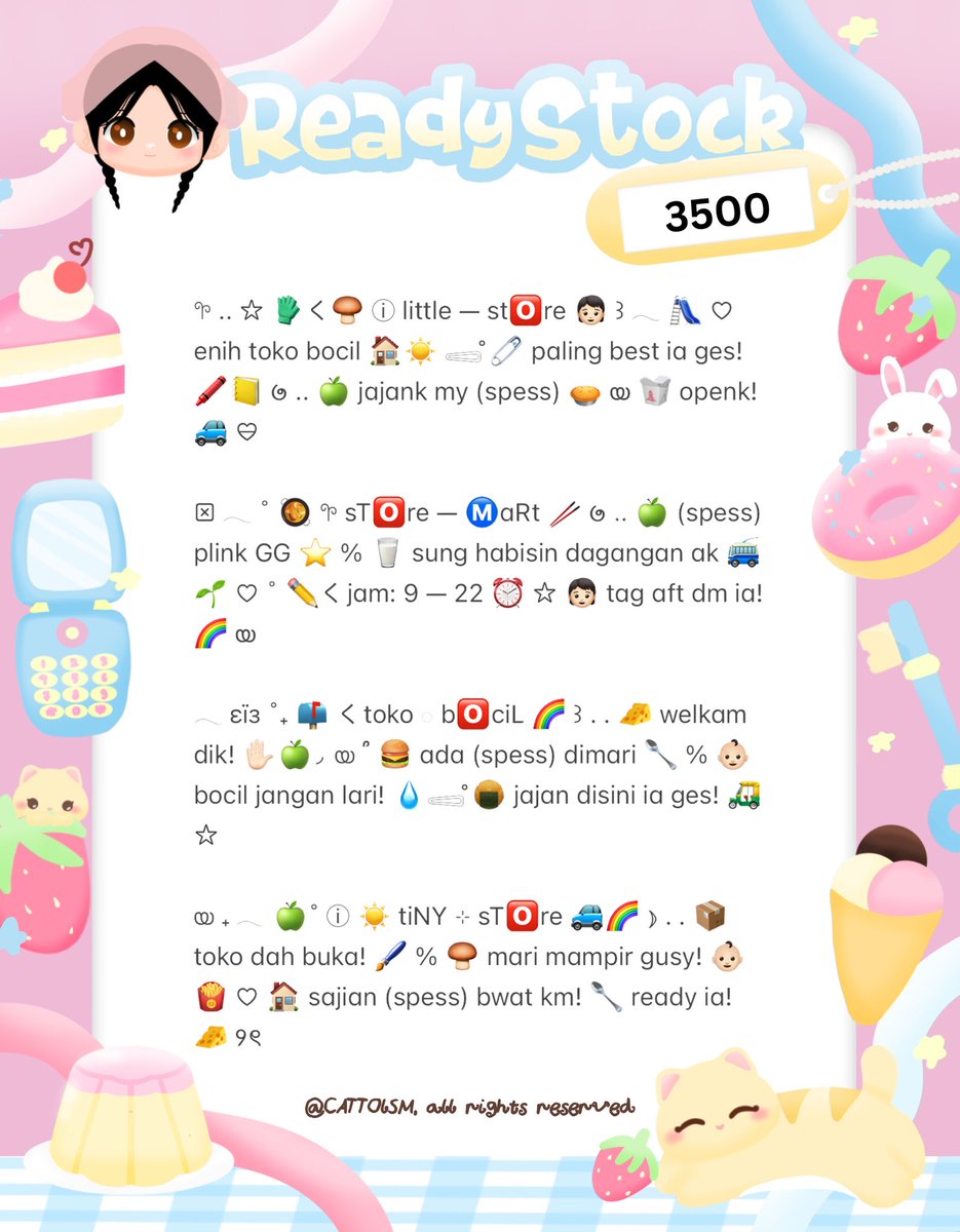 CATTOlSM's tweet image. ⣠ ︵  ♥︎  help repost?  tysm &amp;lt;3 ⭐️🎀  𓂅

◠  ⢸⠀ ada  wording  8  bio wording   kidcore  bocil  ready  stock. . 🎶🍏  𓂃 . εїз   hanya  3.5k .ᐟ.ᐟ  &amp;gt;___%   💬👧🏻   ▷  ketuk  DM  sekarang. . ✋🏻 ₊˚𓂂

☆ —— tap alt for details! . . 🐈💧
zonauang  %  zonajajan  %  zonaba