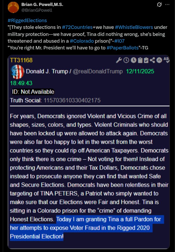 BrianGPowell's tweet image. #BitCoinVoting ie voting using #BlockChain tech should be used vs #RiggedElections; but, maybe #PaperBallots are a NECESSARY nest step in #2O26 #MidTermElections vs #RiggedElections
"[They stole elections in #72Countries+we have #WhistleBlowers under military protection]"-#l07