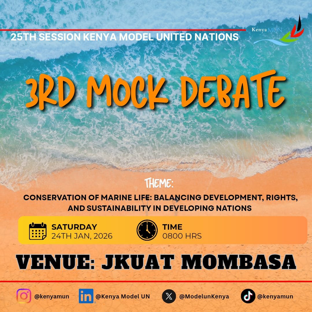 The wait is over! The Third Mock Debate will be held at JKUAT – Mombasa Campus. We’re excited to host you for impactful deliberations and engaging debate.
#TupataneTMD
#ElevatingActionBuildingBeyond
#KMUN