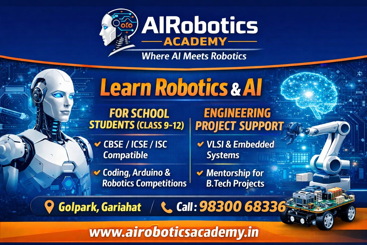 NextGenRoboticX's tweet photo. NextGen Robotics Academy is a premier training institute where innovation meets education. We specialize in teaching Robotics &amp; Artificial Intelligence to school students (Class 9–12) and providing hands-on project support for engineering students. https://t.co/4Ii6piFywP