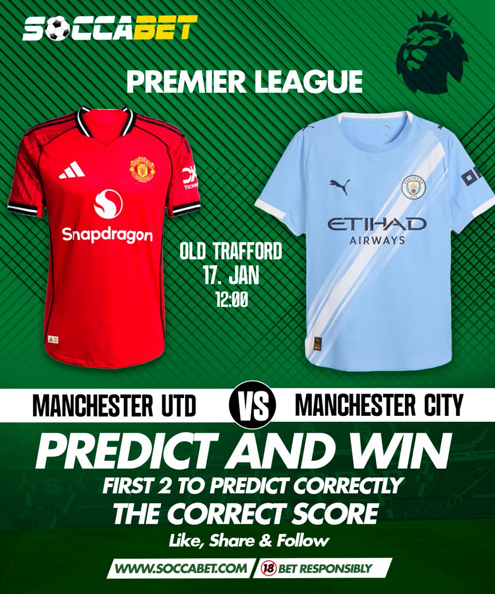 PREDICT &amp; WIN
Winners will be announced on Monday
Manchester United vs Manchester City 
⏰ Match Time: 12:30PM
📌 Predictions ends at 12:30PM
👉 Make sure you Follow &amp; Repost the page to qualify!
Use: #BetWithSoccabet
All the best! ⚽💚