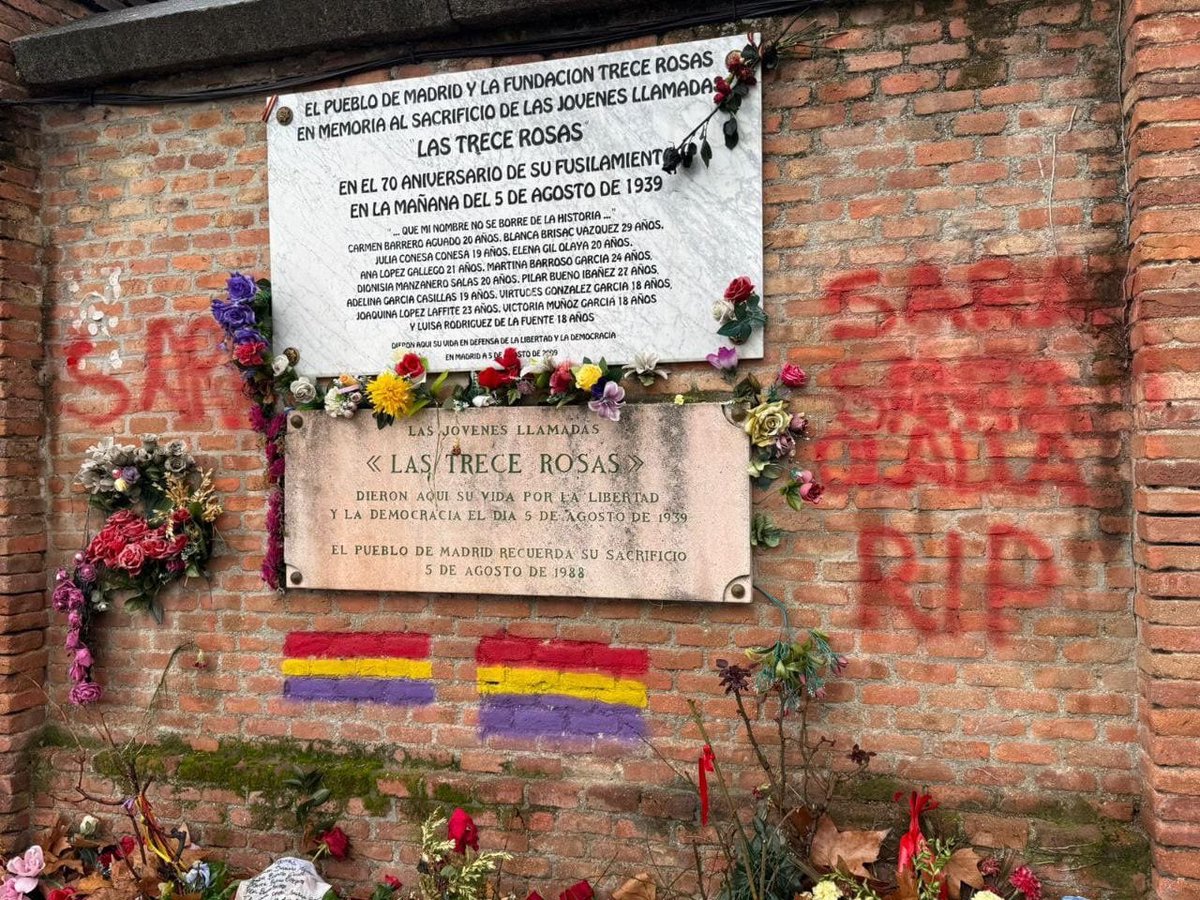 CementerioLibro's tweet photo. Vandalismo Memorial 
Las Trece Rosas 
#13Rosas y #43Claveles 
#Las13Rosas #LasTreceRosas #13RosasRojas #TreceRosasRojas
@LQSomos 📰https://t.co/ZPqJOiJfmf

@SarahPerezSanta @MalasLenguas_Tv 
@MyLMadrid @PCementerio @SE_MemoDemo @ARMH_Memoria @foromemoria @lacomunapresxs @MADRID https://t.co/QFq8gMM2KT
