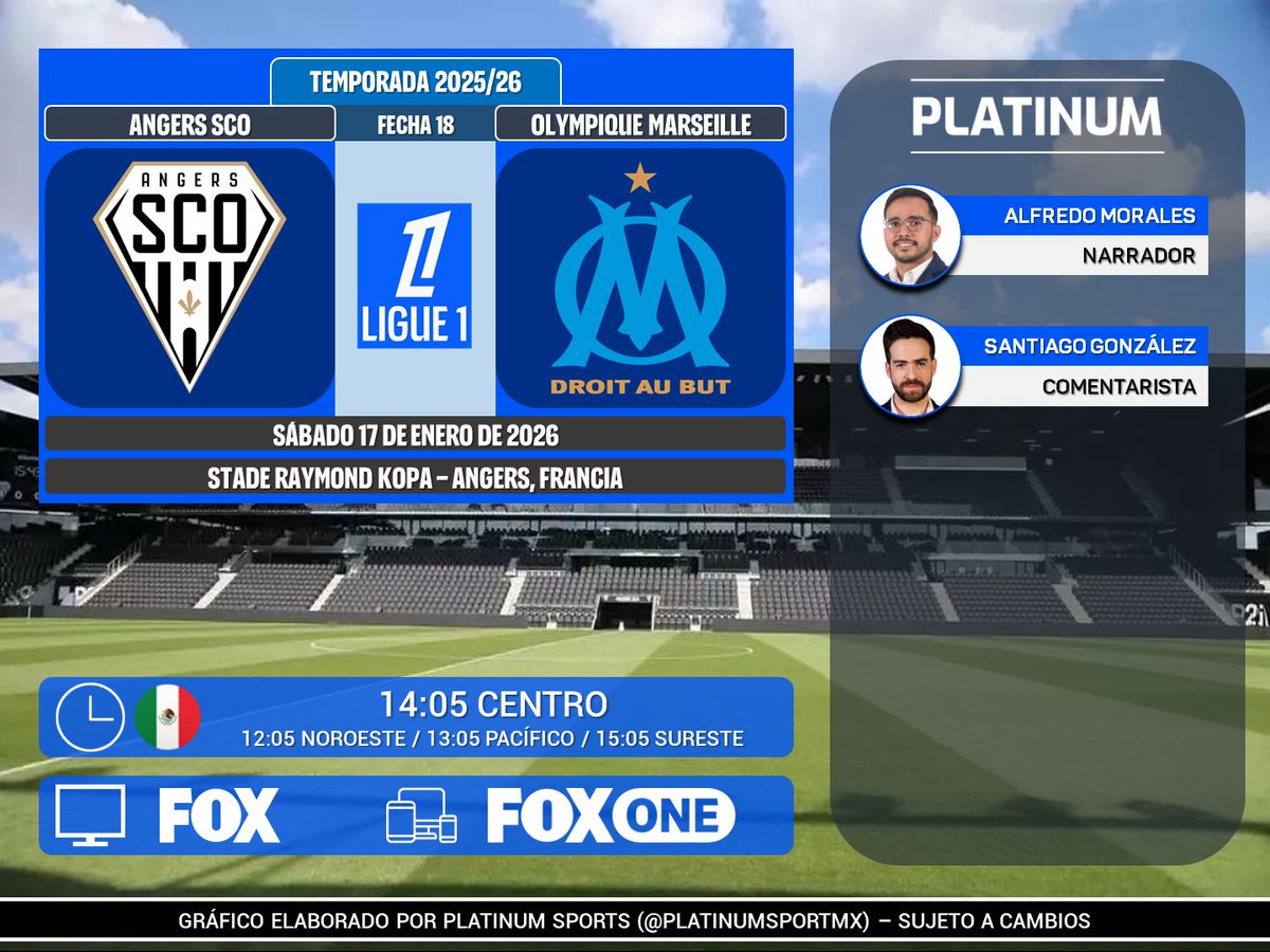 ⚽️ #Ligue1 🇫🇷 | #Angers vs. #OlympiqueMarseille 
🇲🇽📺 <a href="/somos_FOX/">FOX</a>
🇲🇽📱💻 #FOXOne
🎙 <a href="/LoboMorales_/">Alfredo Morales 🐺</a> 
🎙 <a href="/santigoal/">Santiago Gonzalez</a> 

#Ligue1McDonalds - #SCOOM