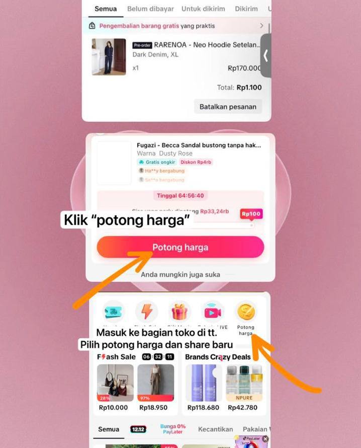 kkhainsaa_'s tweet photo. @JimmyCarter2010 @yayangkeenan Tutor cekout produk cuman bayar Rp100 modal klik link doang. Caranya:
1. Klik link disini 👇🏻 https://t.co/Hu80tyTRYF…
2. ⁠Klik “Potong Harga”
3. ⁠lanjut klik “ YUK BELANJA”, cari Logo “Potong harga”
4. ⁠Pilih produk &amp; Bagikan linknya ke temen kamu. https://t.co/8QxHTGao8a