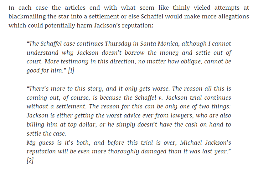 <a href="/MJJRepository/">TSCM</a> Yeah, it is not a coincidence that the Cascios picked him as lawyer. In the Schaffel case Roger Friedman served as their mouthpiece and he wrote articles that looked like thinly veiled threats of negative publicity to pressure MJ to settle with Schaffel:

…ljacksonallegationsblog.wordpress.com/2017/01/01/did…