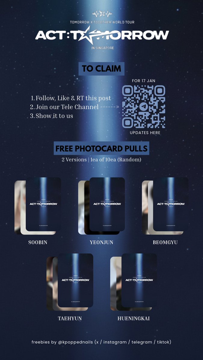 kpoppednails's tweet photo. 🩵TXT ACT TOMORROW IN SG FREEBIES🩵

📅day 1 ONLY (17 jan)
⏰ 2:30pm-4pm (fcfs!)
📍 opp omo omo (high table)

🩵follow, rt &amp; like
💙join tele (link in bio)

try your luck &amp; pull your bias / wrecker!

#TXTinSG #ACTTOMORROW #TXT_IN_SINGAPORE #ACTTOMORROW_IN_SINGAPORE https://t.co/pRrGM4oFtI