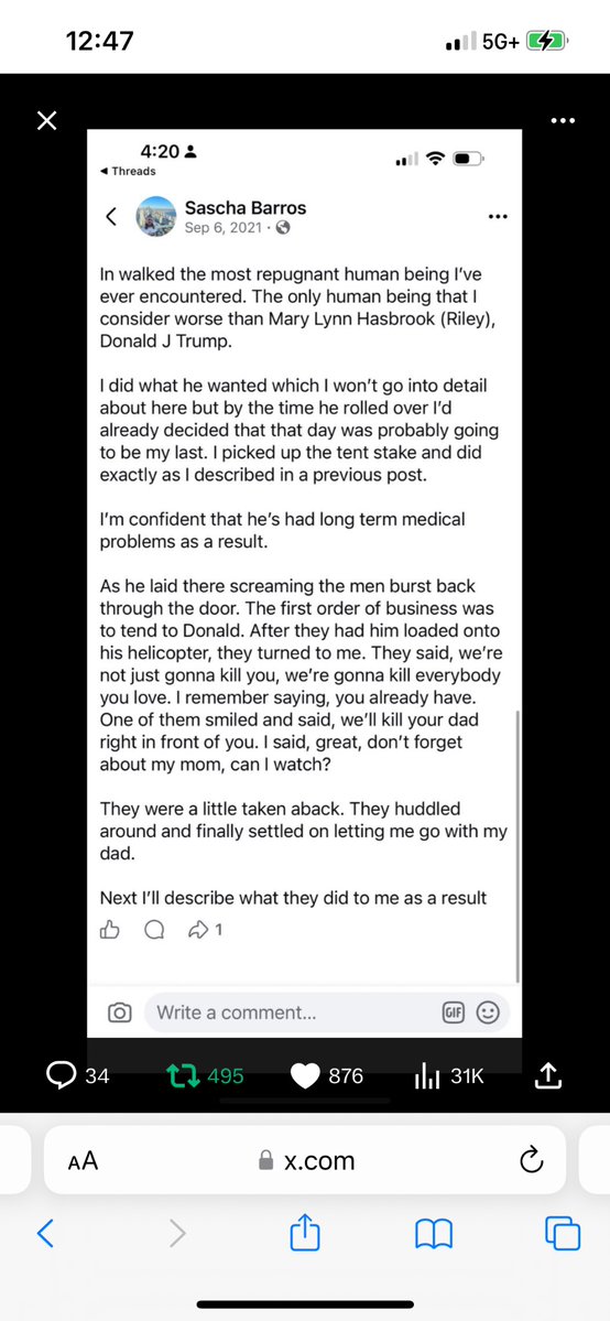 Frreedom4All's tweet image. In case anybody hasn’t heard of #SaschaRiley, which I admit I had not before this year, here is a short blip of his story he has been telling on fb, on Twitter, for a few years now. I included a link to his substack interview. Trump raped children. 
lisevoldeng.substack.com/p/dont-worry-b…