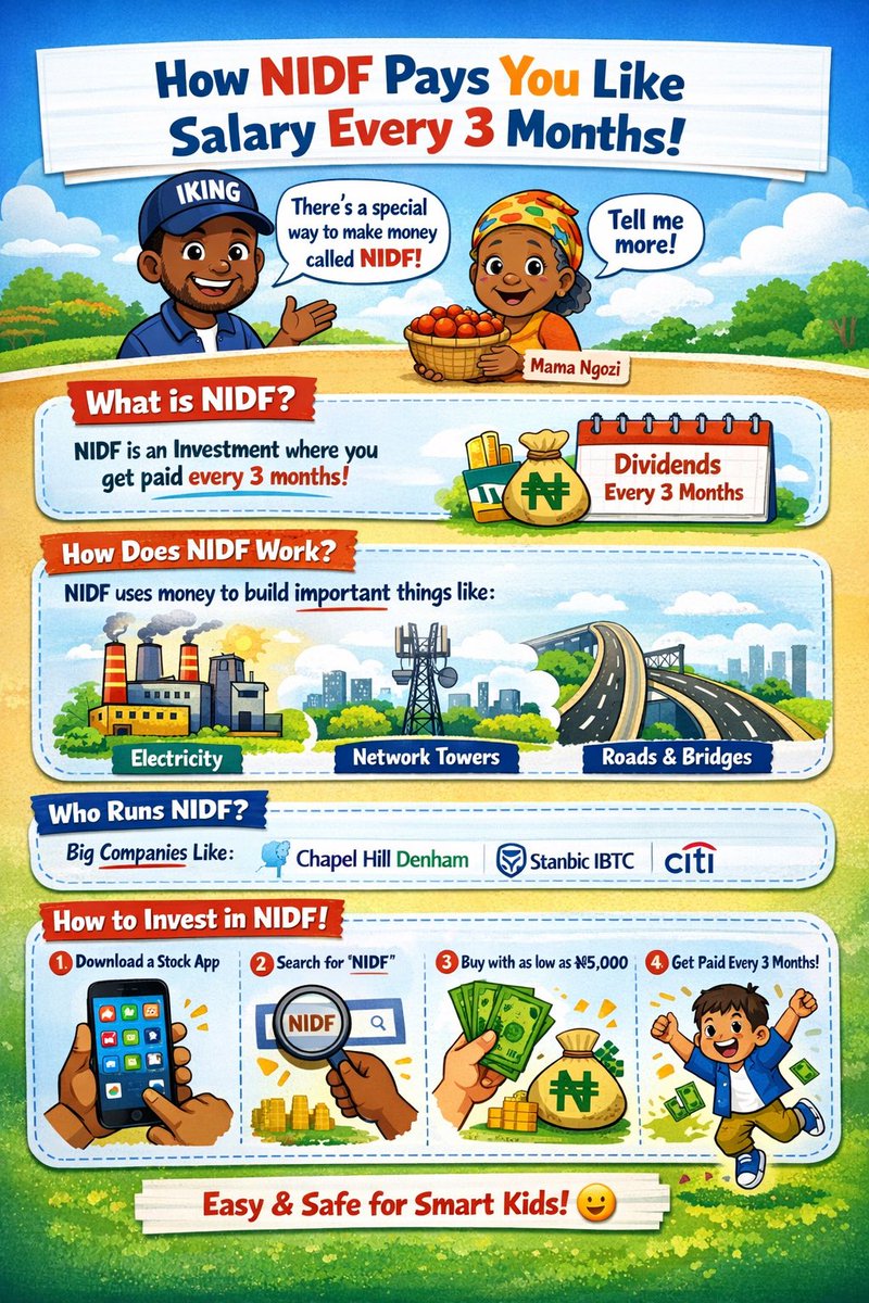 adaora_crypto's tweet photo. Day 17

Note : This is for educational purpose only , I am not your financial advisor.

One investment people over look is NIDF

NIDF is an investment that pays people quietly every quarter .

If by Jan 28,2026 you are holding NDIF units , you are qualified to earn dividends by Feb 5th ,2026.

So what is NDIF?

NDIF means Nigeria Infrastructure Debt Fund.

It is an investment fund that allows everyday Nigerians to invest in major infrastructure projects across the country and earn income from them .

NIDF is managed by Chapel Hill Denham one of the Nigerian leading, independent,investment banks.

They also manage the investNaija app.

This is not a get rich quick scheme 

This is not a hyip 

This is not Ponzi

This is a regulated investment listed and monitored by Nigerian financial authorities .

How does NIDF make money ?

NIDF invests in infrastructure through a system they call Public-Private Partnership(PPP).

In simple terms 

•Government provides lands and approvals.

•Private investors provide money.

•Infrastructure is built .

•The infrastructure earns revenue .

•Investors are paid dividends every three months as long as you hold some units.

So when you plug money into NIDF, your money is working in real projects Nigerians uses daily.

Types of projects NIDF invests in

📌Power and Electricity projects 

📌Telecommunications and Network Towers.

📌Energy and Solar projects 

📌Other income generating real assets .

These are services people can not live without.

So if you want to be part of the next dividend payout  you can decide to get in before 28th Jan.

Note : that this is not an investment advice ,any action you take is strictly out of your own volition .

See you on day 18.

Happy weekend.