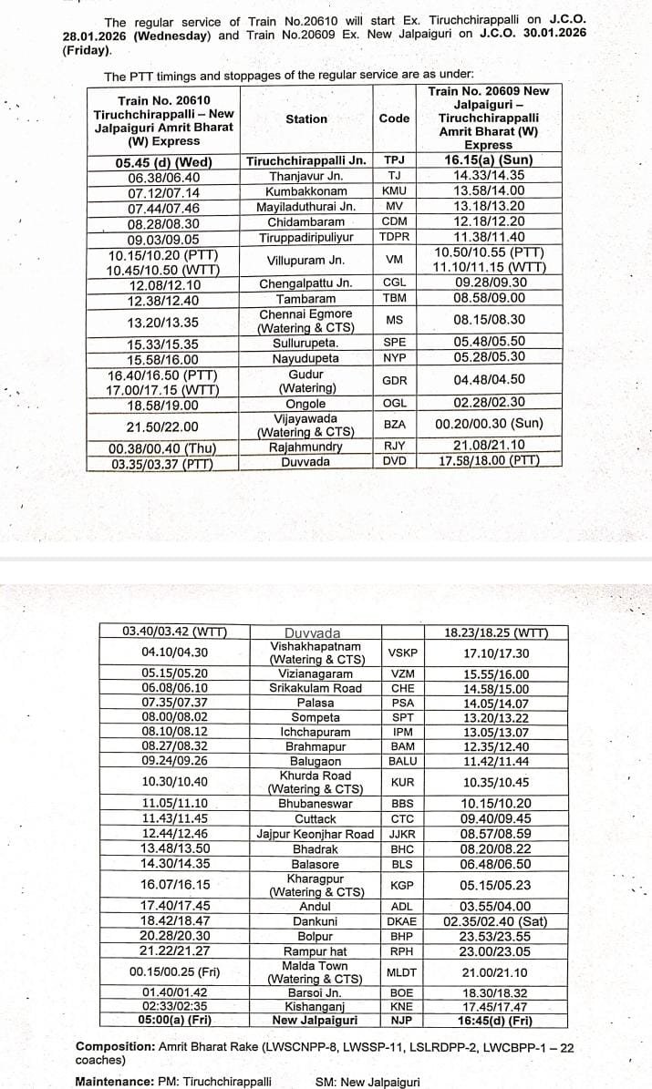 Official days of run for below trains 1. 20610/09 #tiruchy to #newjalpaiguri  from jan 28
2. 20604/03 #nagercoil to #newjalpaiguri from jan 25 , 3. #tambaram - santragachi  16107/08 jan 23 onwards