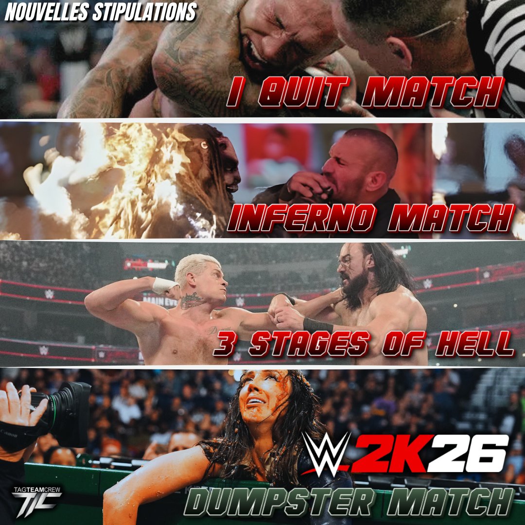 #WWE2K26 
4 Nouvelles Stipulations chez WWE 2K
(Via Mike Straw)