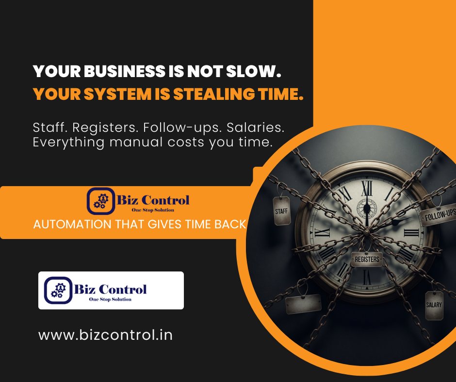 Your business is not slow. Your system is stealing time. Manual work looks  normal, but it quietly eats hours, focus, and growth. Automation is not a  luxury anymore. It's survival. Biz Control