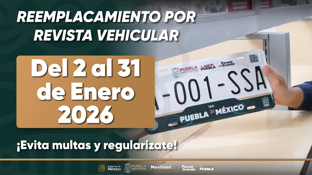 estoespuebla's tweet photo. #Enterate Del 2 al 31 de enero se encuentra vigente el último periodo para el reemplacamiento del transporte público. 🚐🚖

No lo dejes el trámite para el último momento. ⏰

Realizarlo con oportunidad, permite una atención más ágil y ordenada. 🧑‍💻 https://t.co/GTGXIJfMeI