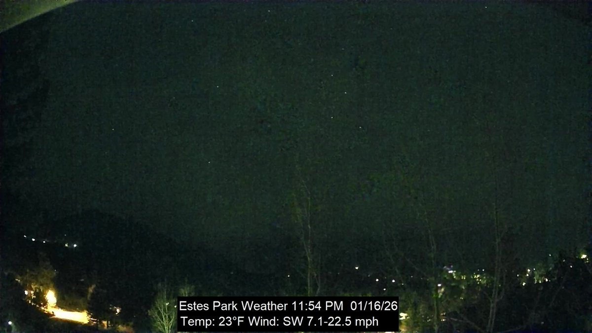 EstesWeather's tweet image. Estes Park, CO weather: overcast | 23F | humidity 43 | wind WSW 13.0 -&amp;gt; 18.0 | Today: 19F/26F Rain 0.00 |  January 16, 2026 at 11:58PM #cowx