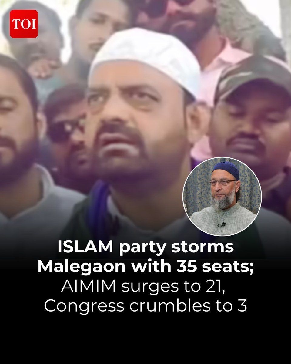 timesofindia's tweet photo. In its maiden contest for #Malegaon MC, Indian Secular Largest Assembly of Maharashtra (ISLAM) party, floated by former NCP MLA #AsifShaikh, ended #Congress domination by winning 35 seats. However, it fell short of a clear majority of 43 in the 84-seat corporation.

Details here 🔗https://t.co/3K2nSPX5sY
