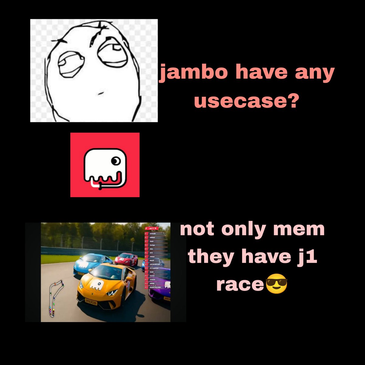 Someone; jambo is a mem coin! Me; Not only mem but also usecase🙂 Buy it  before very big pump😎 #mem #j1