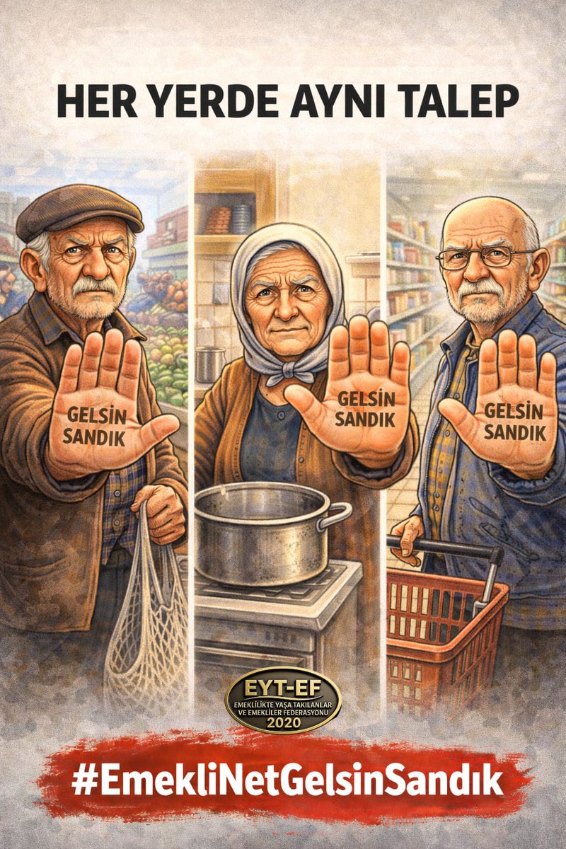 EMEKLİ
👇
#EmekliNetGelsinSandık 

Tenceresi kaynamayan, açlığa ve yoksulluğa mahkum edilen Emekliler;

İlk seçimde sizi #Emekli edecekler !

Artık yeter !

Kararımız NET !

Sefalet ücreti değil,
Erken seçim istiyoruz !

#5000KısmiyeKöktenÇözüm
<a href="/RTErdogan/">Recep Tayyip Erdoğan</a>
<a href="/isikhanvedat/">Prof. Dr. Vedat Işıkhan</a>