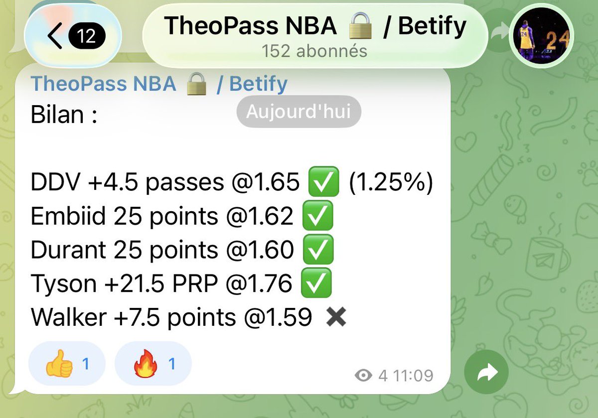 PERFECTTT #NBA 🔥

Public⬇️
Embiid 25 points <a href="/1/">1</a>.65 ✅
Tyson +21.5 PRP <a href="/1/">1</a>.76 ✅
Durant 25 points <a href="/1/">1</a>.60 ✅

<a href="/Theo69Pass/">Theo69 Pass</a>⬇️

4/5 ✅ dans le Pass 📈🔥

ÉNORME NUIT, TOUT GLISSE🤩
QUI AVAIT SUIVIII???
Balancez vos tickets? ⬇️ 👀 

Perfect = #concours 🥳
20€ dans les RT, tirage 20h ♻️
