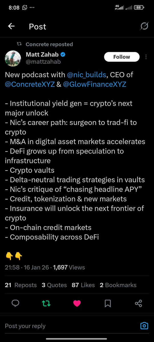 abdulbadinu's tweet image. I listened to the CEO podcast on Spotify.
Institutional yield generation isn’t about higher returns.
It’s about predictable execution, defined risk, and repeatable systems.
That’s the gap DeFi is finally starting to close.
Greetings to @ConcreteXYZ @crypttoji @d3crypt0r25