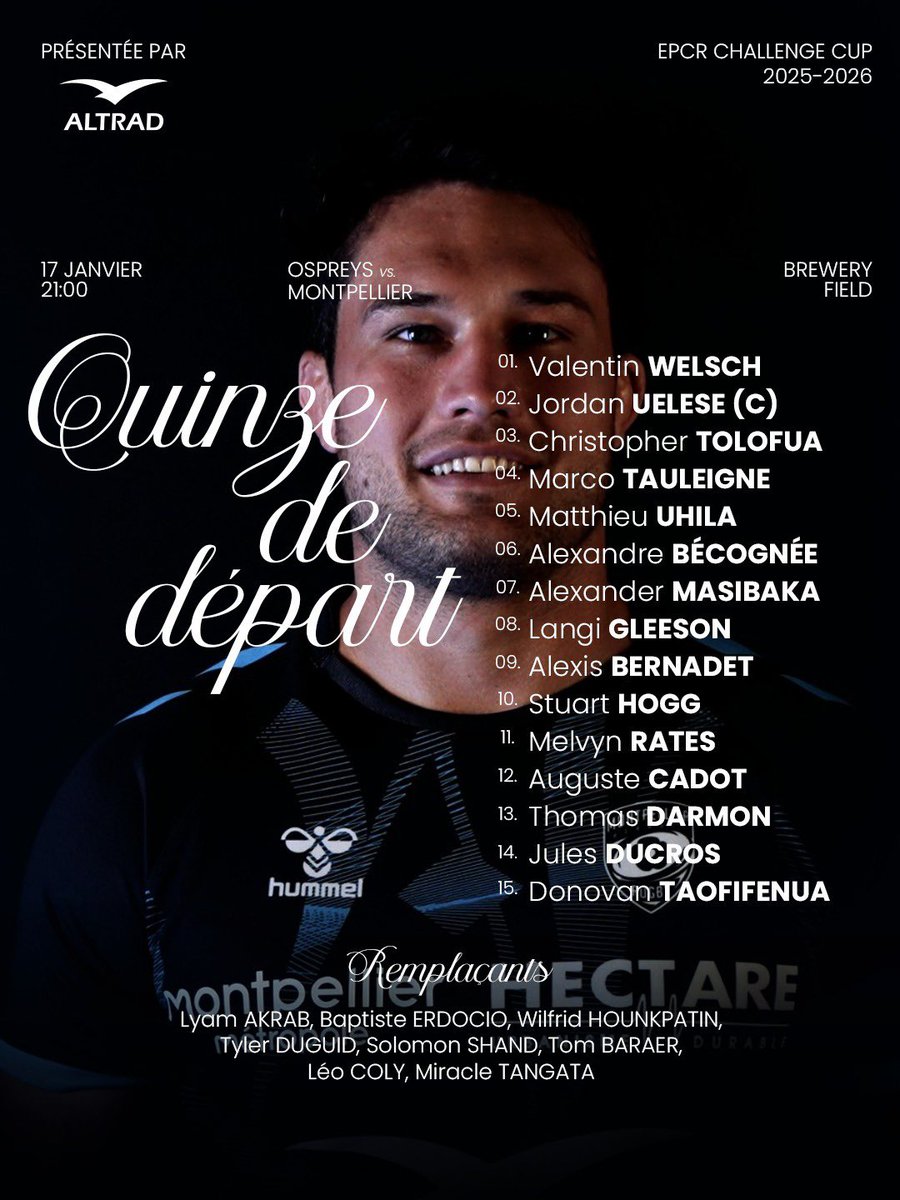 📢 JOUR DE MATCH 
⏰ 21h
✈️<a href="/ospreys/">Ospreys</a> 

Dernier round de la phase de poule <a href="/ChallengeCup_/">EPCR Challenge Cup</a> 

Déjà qualifiés mais il faut confirmer la 1ere place💪

Comme dimanche dernier ne lâchez rien !
Le mélange de jeunes pousses et de l’expérience fera le reste 🙌👊

#teammhr