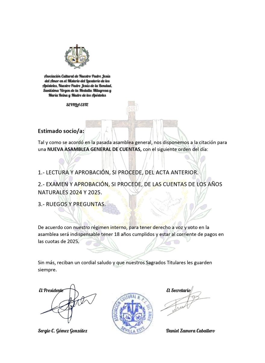 🔴RECORDATORIO🔴

Mañana domingo 18 de Enero, ASAMBLEA GENERAL DE CUENTAS.

🏫 Local/Oratorio c/Flor de Retama 6.
🕥 11:30 (1a Conv.) 12:00 (2a Conv).

#amorybondadsevillaeste #yosoydelbondad