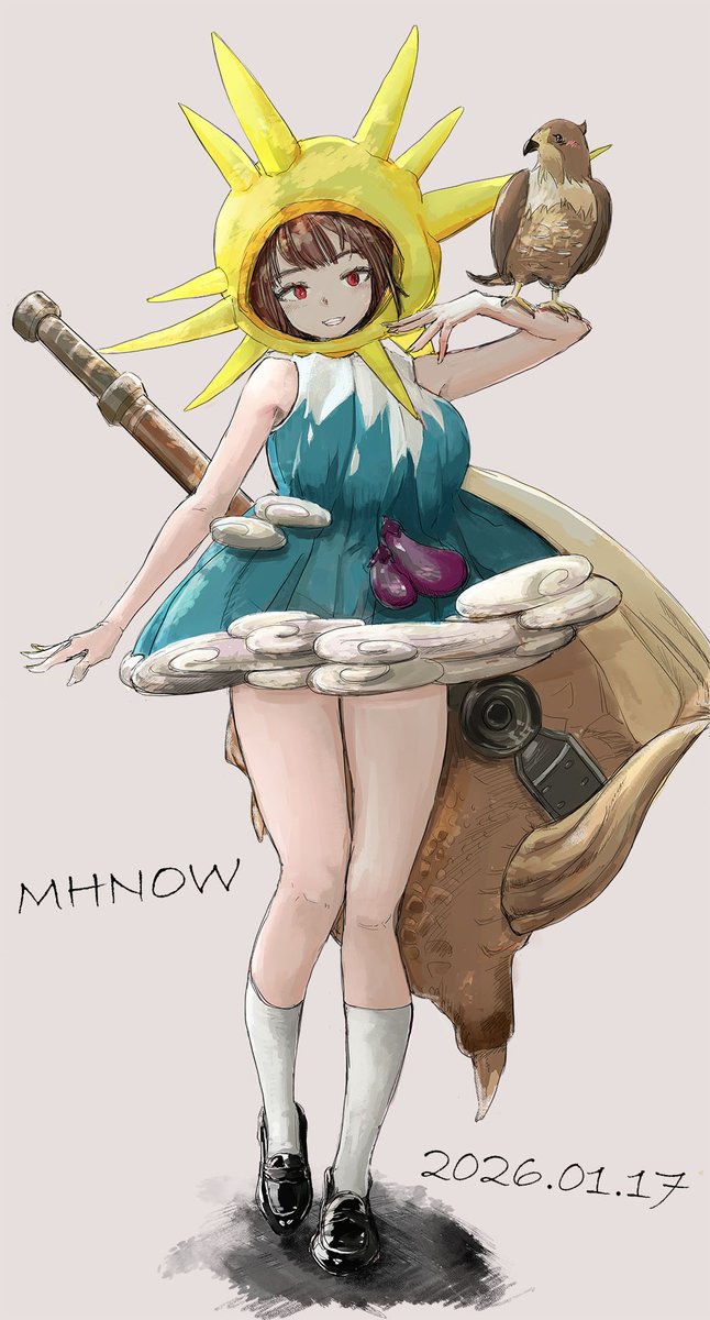 zi_dabu's tweet photo. 最近モンハンNOWで見かける重ね着装備。
「一富士二鷹三茄子」＋「初日の出」ね！

⌒ﾟ((o'ч'o)⌒「今年もハンマー最強！ ハンマー最強！」

#モンハンNow #MHNOW #MonsterHunter https://t.co/luWBnOcDUK
