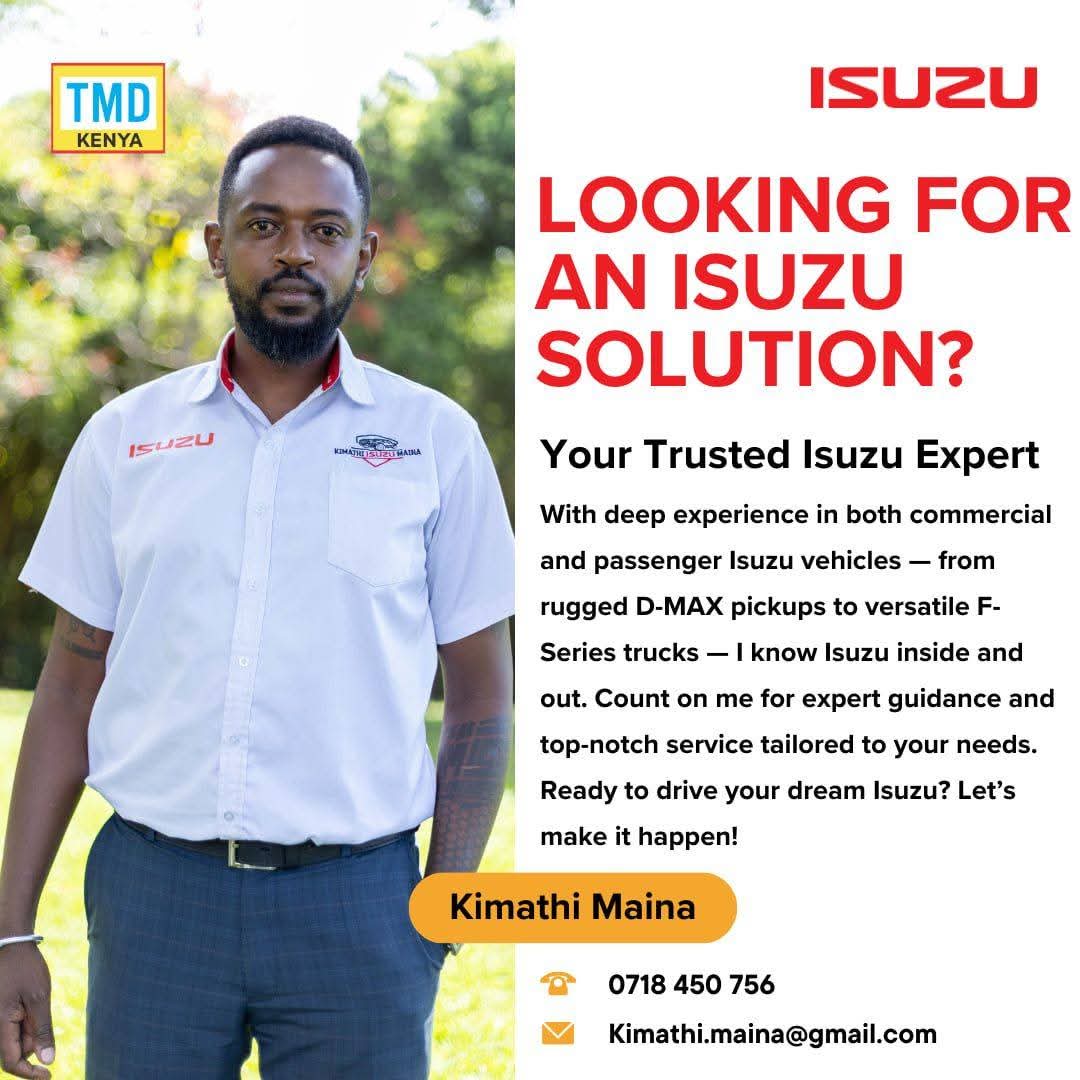 kimototris's tweet photo. @amerix My name is Kimathi Maina. A Seasoned Salesman dealing with the sale of brand new Isuzu solutions as well as the maintenance of existing trucks. I guide you through the sales process to ensure you acquire an asset that is right for you and your business. https://t.co/lsSKB9NYXo