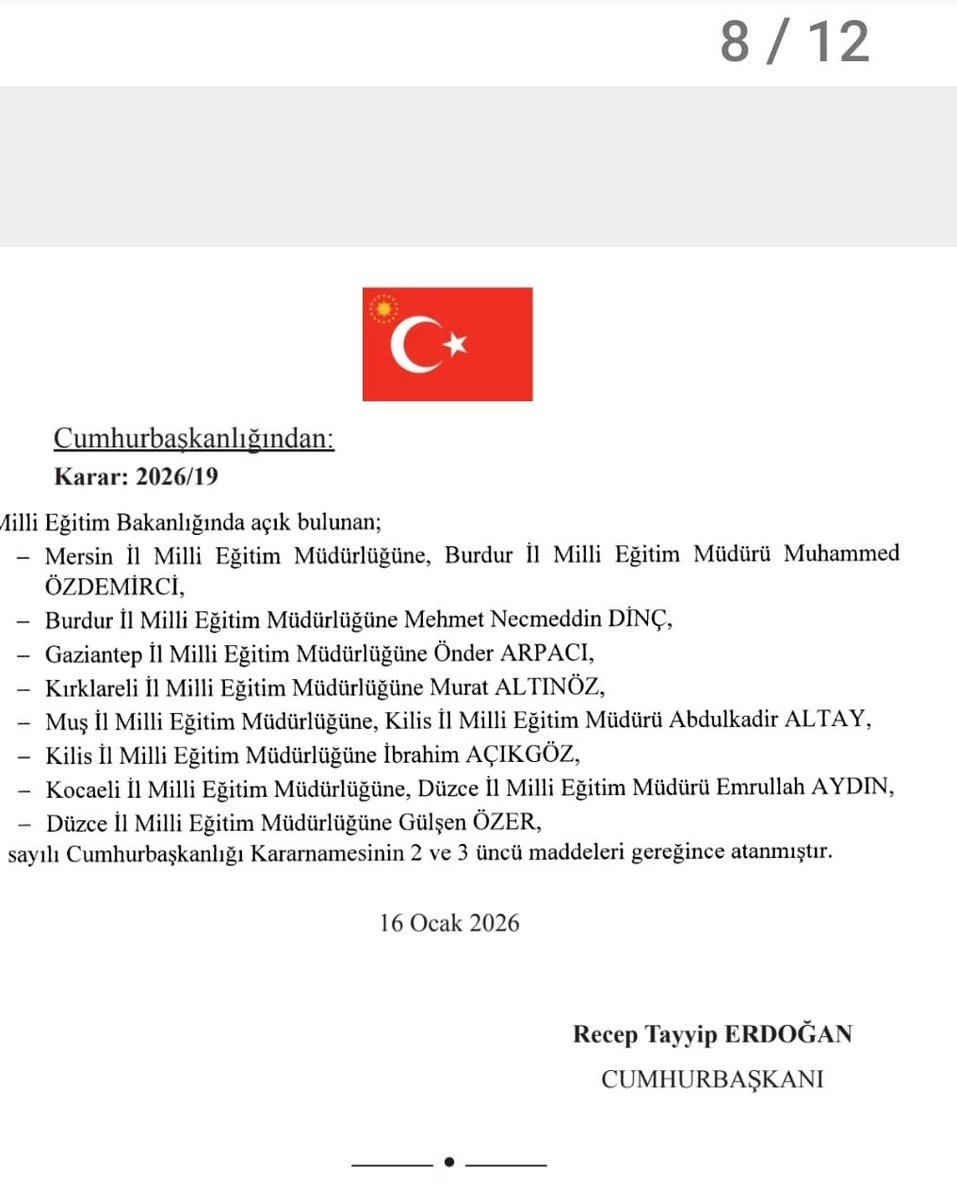 akadiraltay47's tweet photo. Muş İl MEM görevine, 2026/19 Sayılı Cumhurbaşkanlığı Kararnamesi ile atanmış bulunmaktayım. 
Takdir ve tensipleri için Cumhurbaşkanımız Sayın Recep Tayyip ERDOĞAN’a ve Millî Eğitim Bakanımız Sayın Yusuf TEKİN’e şükranlarımı ve saygılarımı arz 
ederim.
@tcbestepe @rterdogan @tcmeb https://t.co/41foeWn36X