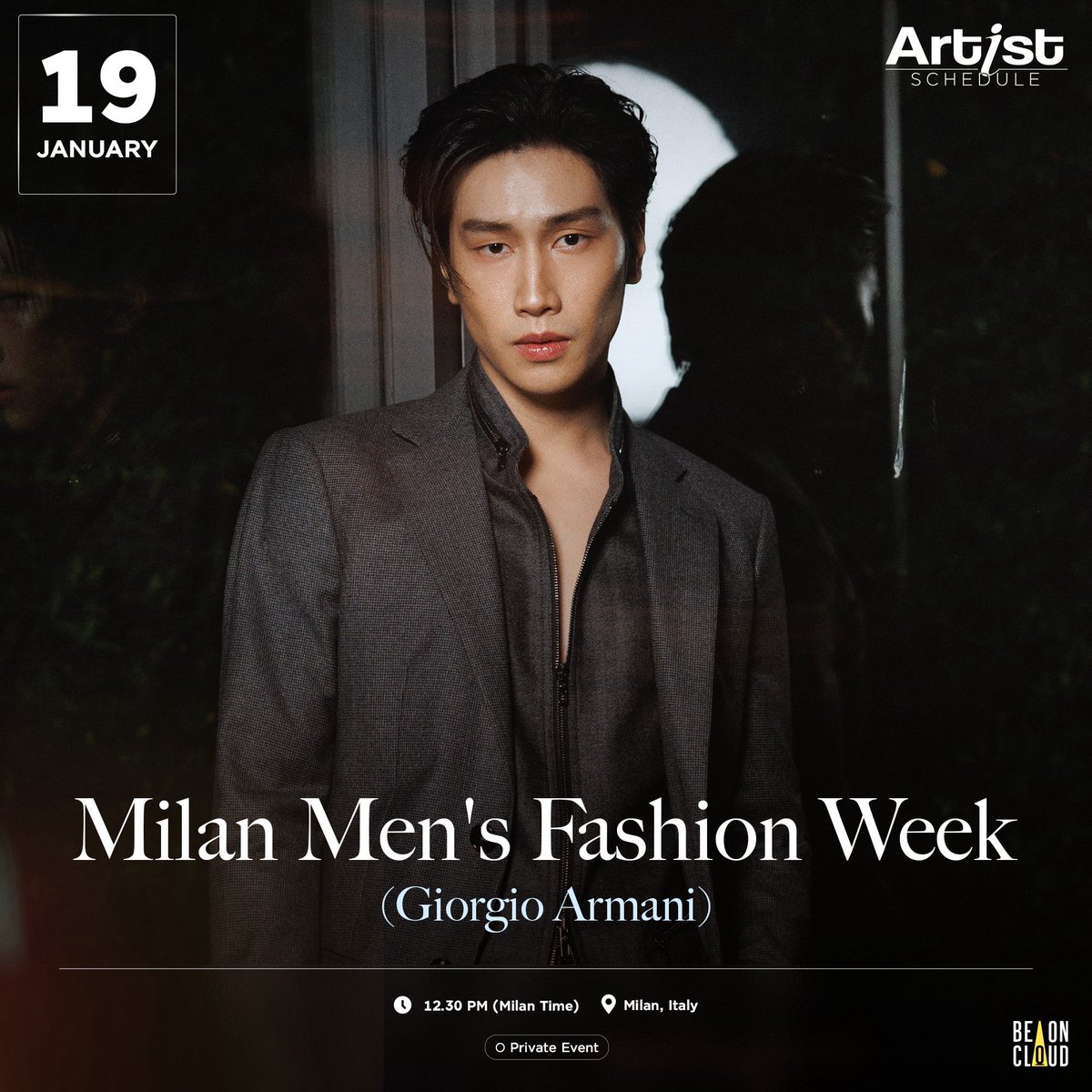 beoncloud_th's tweet image. [อัปเดต] 
📍ตารางงานศิลปิน BeOnCloud 
🗓 วันที่ 19 มกราคม 2569 ไบเบิ้ล วิชญ์ภาส ร่วมงาน Milan Men's Fashion Week (Giorgio Armani) ที่มิลาน ประเทศอิตาลี และวันนี้เวลา 20.30 น. (GMT+7) รอชมภาพ Airport Look ของไบเบิ้ลก่อนออกเดินทางสู่มิลานกันนะคะ ✈️ 

 [Update]
📍 BeOnCloud Artist…
