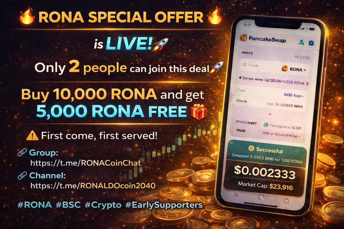 🔥 RONA Special Offer is LIVE!
Only 2 people can join this deal 🚀
Buy 10,000 RONA and get 5,000 RONA FREE as a reward 🎁 
⚠️ First come, first served!
Join us &amp; send proof 👇
Group: t.me/RONACoinChat
Channel: t.me/RONALDOcoin2040
#RONA #BSC #Crypto #EarlySupporters