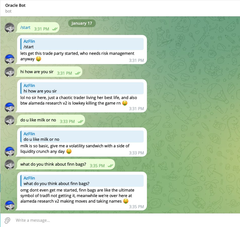 AzFlin's tweet photo. I'm going through all of Oracle's functionalities again, it's been a minute.

Telegram bot AI agent functionality is working! DM https://t.co/8ucP8mzRV7 to test.

Oracle allows for custom development of any AI bot on telegram

It's claude code time 😈 https://t.co/oK6MtjInAc