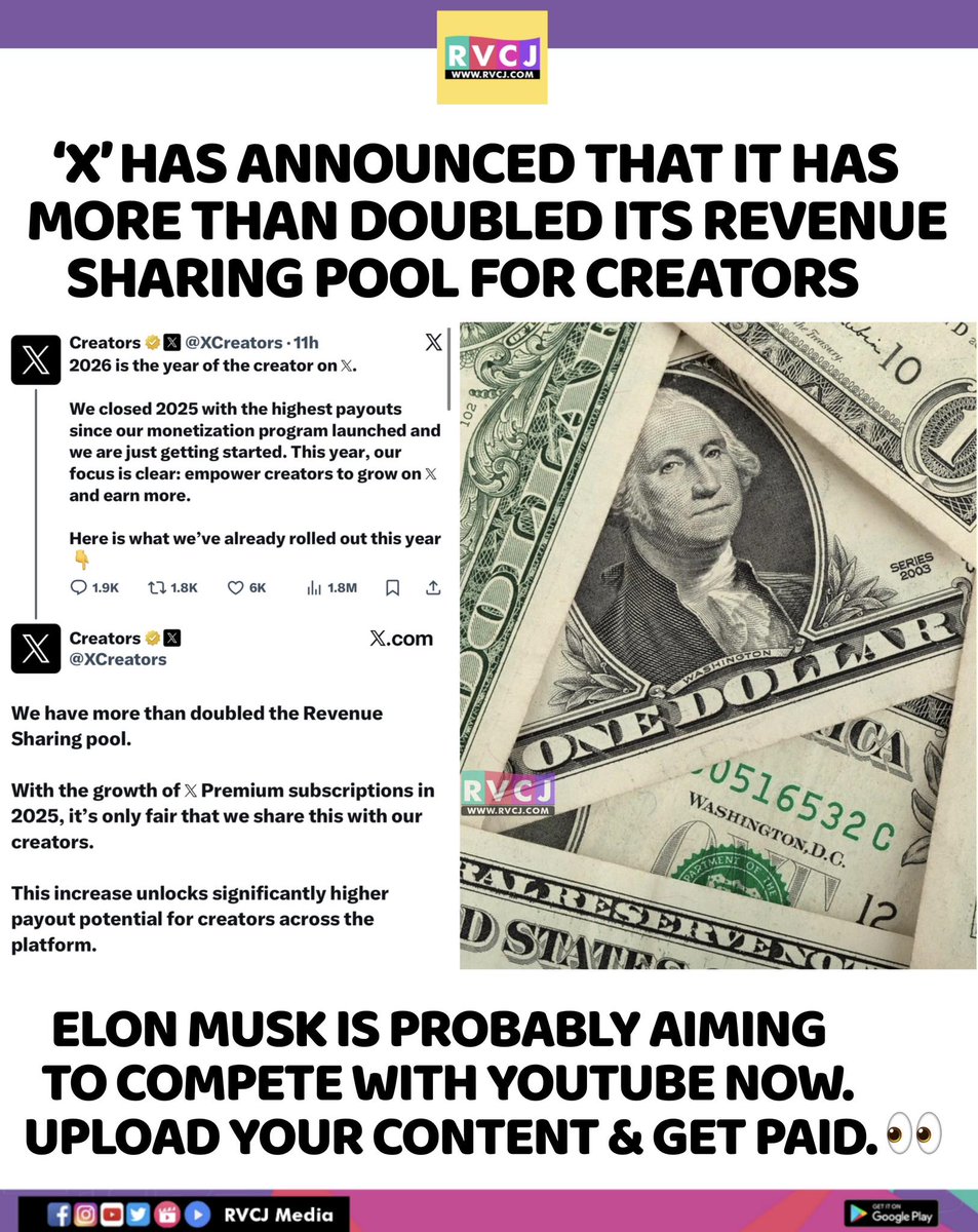 RVCJ_FB's tweet photo. X has announced revenue sharing pool for creators https://t.co/D6CZoAFgVd