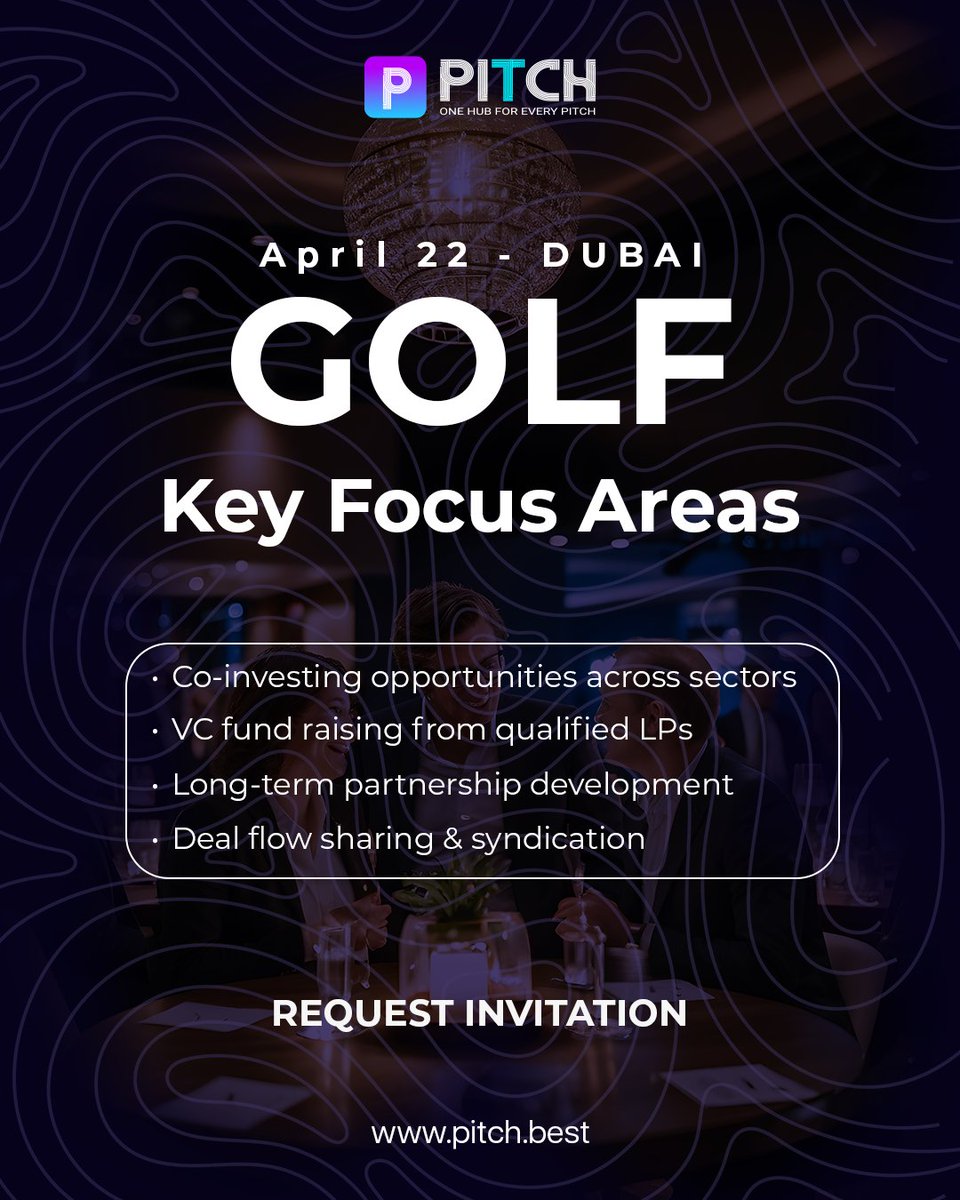 Golf with purpose. Capital with clarity.

Focused conversations on:
• Co-investing
• VC fund raising
• Partnerships
• Deal flow &amp; syndication

📍 Dubai | April 22
🎯 Invitation only

📩 For more inquiries: info@pitchmatter.com

🤝For Partnership: startupxpo.events
🔗
