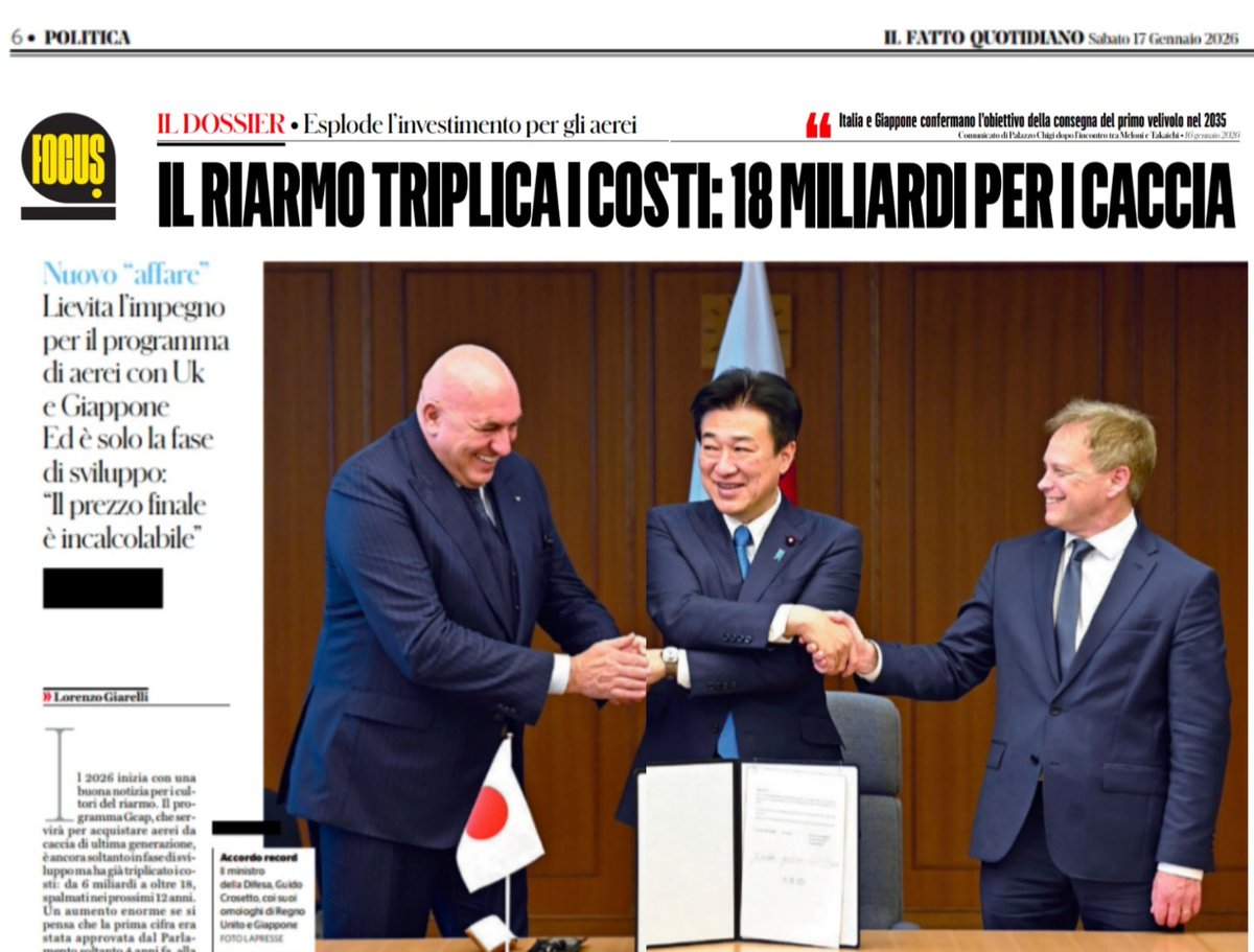 Guardate quanto è contento crosetto nel continuare a ingrassare le lobby delle armi 
Passano da 6 mld € a 18 miliardi di € i costi per il programma GCAP
Nel frattempo i malati oncologici e non solo, rimangono per terra su un cartoni in attesa di essere visitati
Maledetti!
