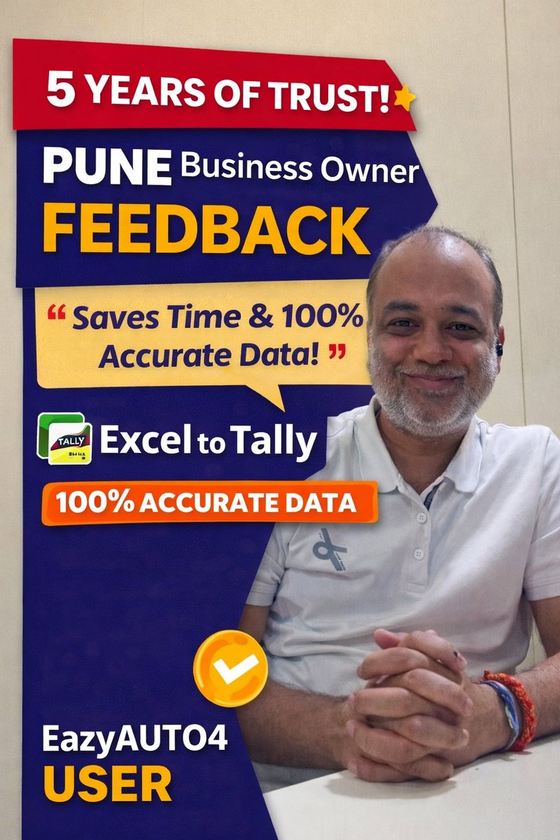 exceltotally's tweet photo. 5 saal ka bharosa ⭐
Mr. Piyush Jalan (Business Owner, Pune) shares his experience with EazyAUTO4
✔ Excel to Tally made easy
✔ Huge time saving
✔ Fast &amp; 100% accurate data
Perfect for CAs, Accountants &amp; Businesses 🚀
Watch Now https://t.co/9KZmkFRV8V https://t.co/dvLeu566Ar