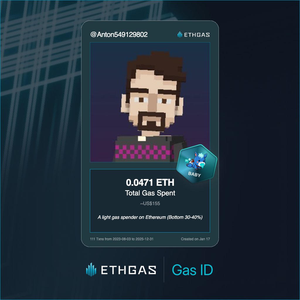 Leveled up in the Great Gas Reckoning with ETHGas! 💪

Baby Jack status: 0.0471 ETH gas spent, 12 Beans earned—supporting the Gasless Future!

Claim your Gas ID at ethgas.com/community/gas-…