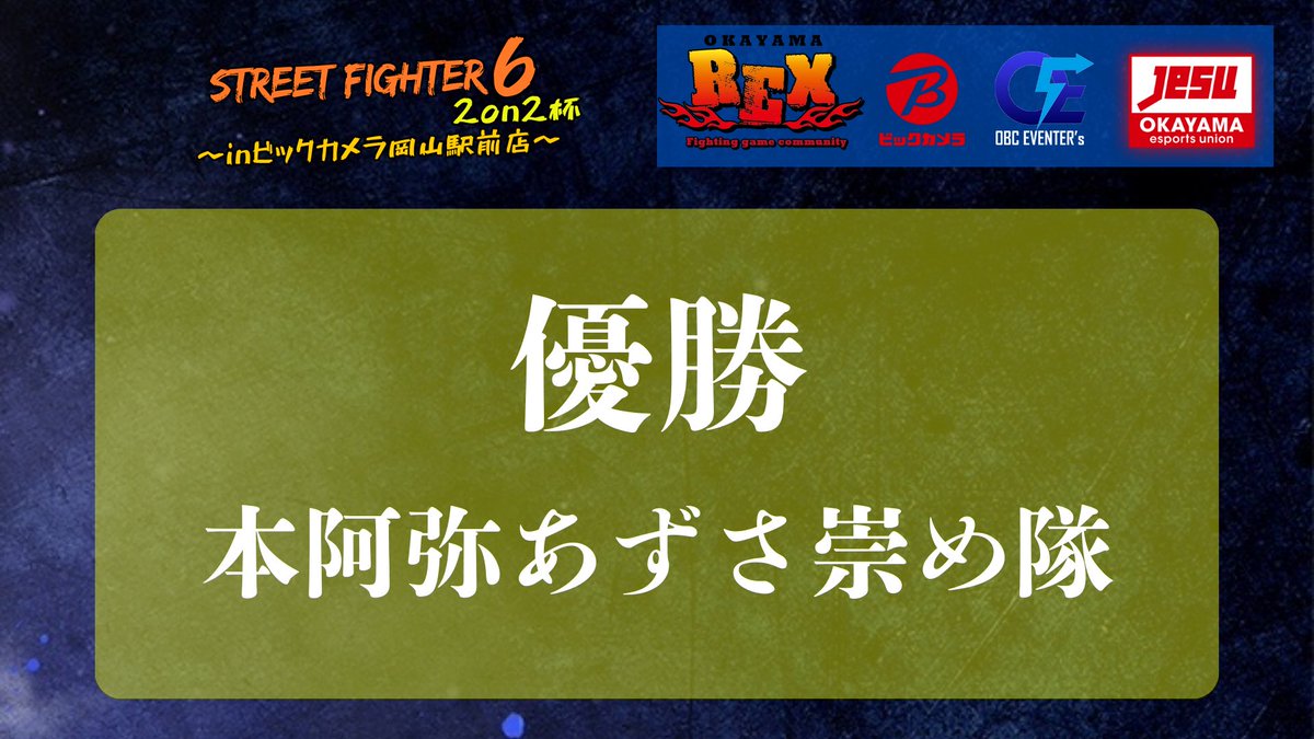 OBCEVENTERs's tweet photo. 【大会終了】
『ストリートファイター6 2on2杯』全日程が終了しました！
🏆優勝：[本阿弥あずさ崇め隊]
本当におめでとうございます！
参加いただいた選手の皆様、会場に足を運んでくださった皆様、ありがとうございました！ビックカメラ3階、最高に熱い一日でした！✨
#SF6 #スト6 #岡山eスポーツ https://t.co/UImJ63ze6l
