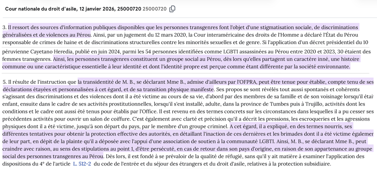 N_Hervieu's tweet photo. Transidentité &amp; droit d'asile : La CNDA juge que les personnes transgenres au Pérou constituent un « groupe social » au sens de la Convention de Genève.

En raison des persécutions &amp; violences généralisées subies dans ce pays.

Ce qui justifie leur protection au titre de l'asile. https://t.co/7rFr68JCmL