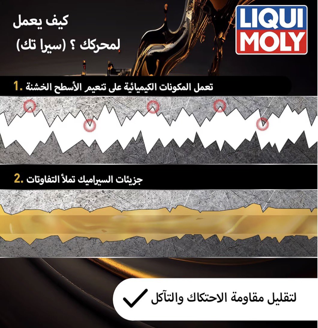 🔴 يا اخوان هذا من أقوى المنتجات اللي تحسن الاستهلاك وتطيل عمر المحرك.

عليه 30 ألف تقييم 4.6 من 5 

(لكوي مولي سيرا تيك). 
🔹عبارة عن محلول فيه نانو سيراميك يعبي الفراغات المتآكلة وبالتالي يخفف الاحتكاك وتصير حركة المكينة سلسة وتستهلك أقل

🔹الاستخدام:
كل لتر من (حجم المكينة)