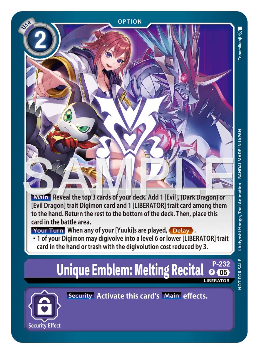 [Card Reveals]

Hello Digimon Tamers!
Today’s cards are the box toppers [EX11-052 HeavyMetaldramon] &amp; [P-232 Unique Emblem: Melting Recital]! #DigimonLiberator

EXTRA BOOSTER DAWN OF LIBERATOR [EX-11]
In stores February, 2026!
world.digimoncard.com/products/pack/…

#DigimonCardGame
#DigimonTCG