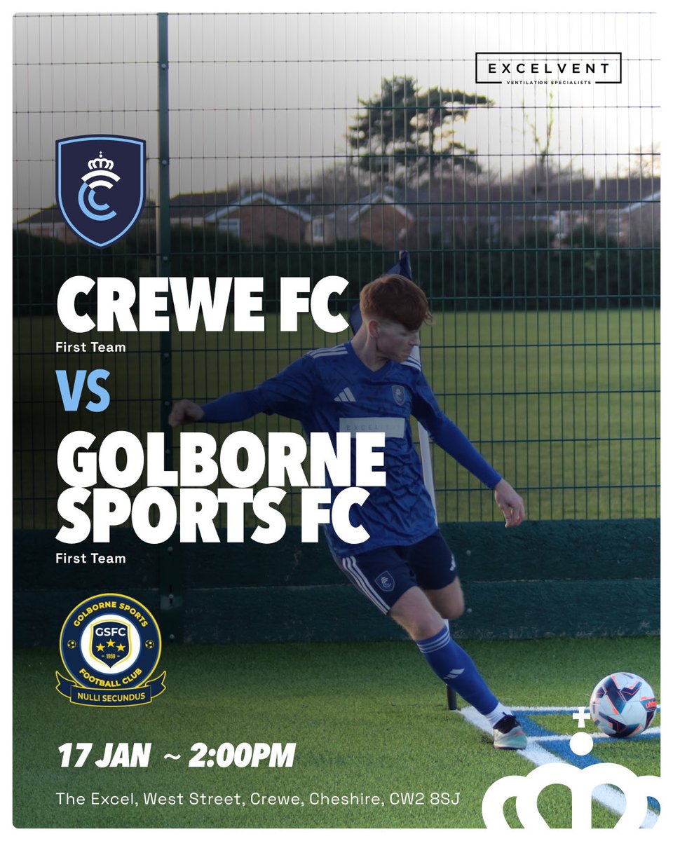 𝗠𝗮𝘁𝗰𝗵𝗱𝗮𝘆! 

⚽️<a href="/CreweFC/">Crewe FC</a> v <a href="/Golborne_FC/">Golborne Sports FC</a>

🗓 17/01/26

🏆 <a href="/CheshireFL/">Cheshire Football League ⚽️</a> Premier Division 

🕑 2pm Kick Off

📍 <a href="/CreweFCHub/">The Excel</a>, West Street, Crewe, CW2 8SJ

🎟Adults £3 / Children £1

👋🏻 See you there!