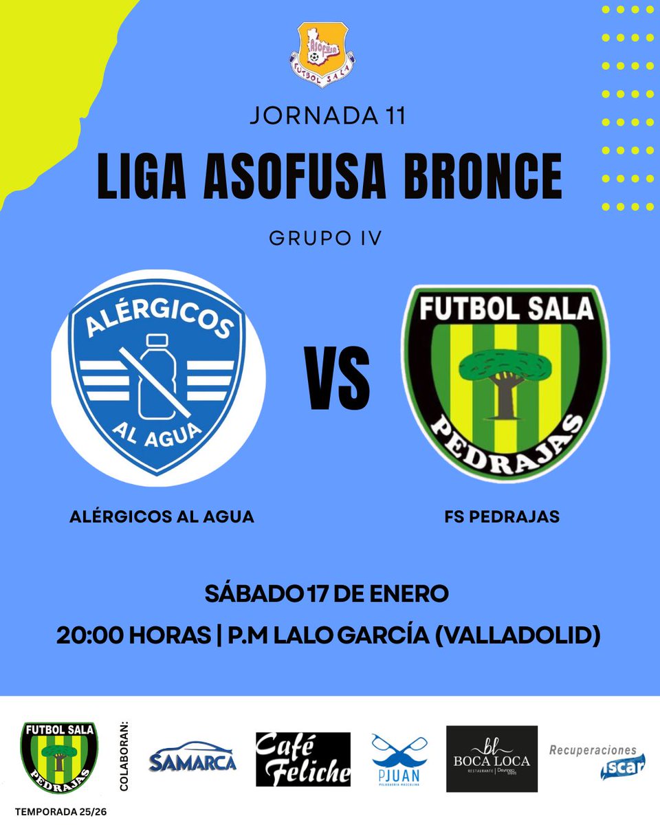 🔥 DÍA DE PARTIDO🔥
🏆 Liga Asofusa Bronce Grupo IV 
🆚 J11. Alérgicos al Agua - CDFS Pedrajas
📆 Sábado 17 de enero 
⏰ 20:00h
📍 P.M. Lalo García (Valladolid)
📝 El masculino visita al colista del grupo

#LoMejorEstáPorLlegar