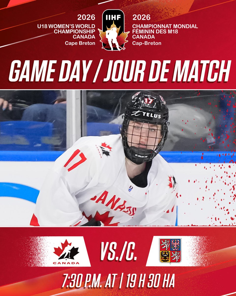 GAME DAY! Semifinal Saturday against the Czechs. 🇨🇦🇨🇿

JOUR DE MATCH! Demi-finale du samedi face aux Tchèques. 🇨🇦🇨🇿

⏰ 7:30 p.m. AT / 19 h 30 HA 
📺 <a href="/TSN_Sports/">TSN</a> / <a href="/RDSca/">RDS</a>
📰 hc.hockey/U18WWCPreview0…
📰 hc.hockey/ApercuCMFM1801…
 
#U18WomensWorlds | #MondialFémininM18