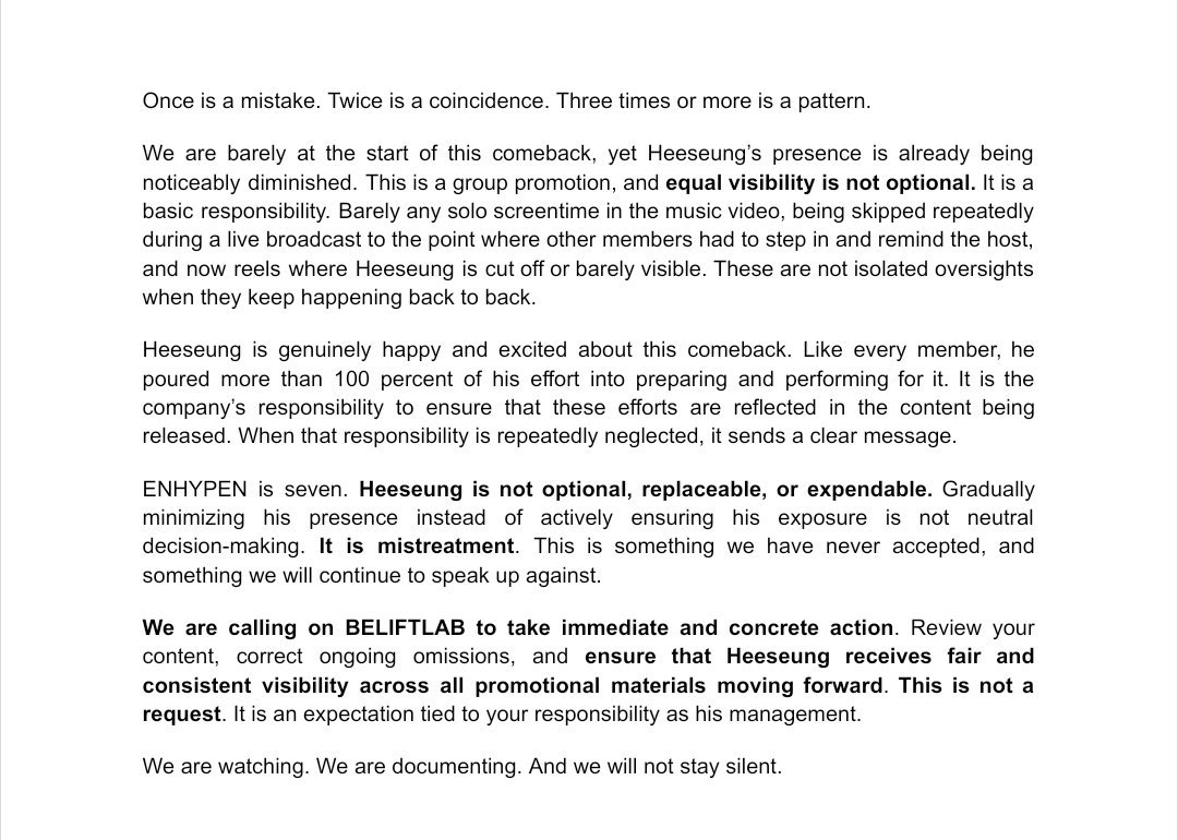 LHSGlobalTeam's tweet image. Only a day since release, and the issue is already clear. As much as we want to enjoy, THE IGNORANCE IS VISIBLE. Kindly help us call attention so this does not continue to happen.

—— 

@BELIFTLAB must act now: Heeseung deserves equal screen time, proper framing, and full…