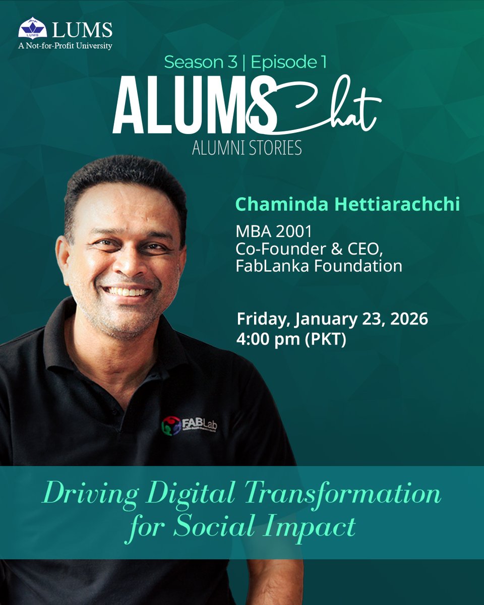 dilhanake's tweet photo. It is a true honor for me to share my professional journey with the highly respected global LUMS community. 
I invite you to join the event live at 11AM GMT on Friday 23rd January by joining LUMS Facebook Page Live at https://t.co/z0WHlpnjWL 

#LUMS #Industry4 #SriLanka #Pakistan https://t.co/5qBKkvQjwB