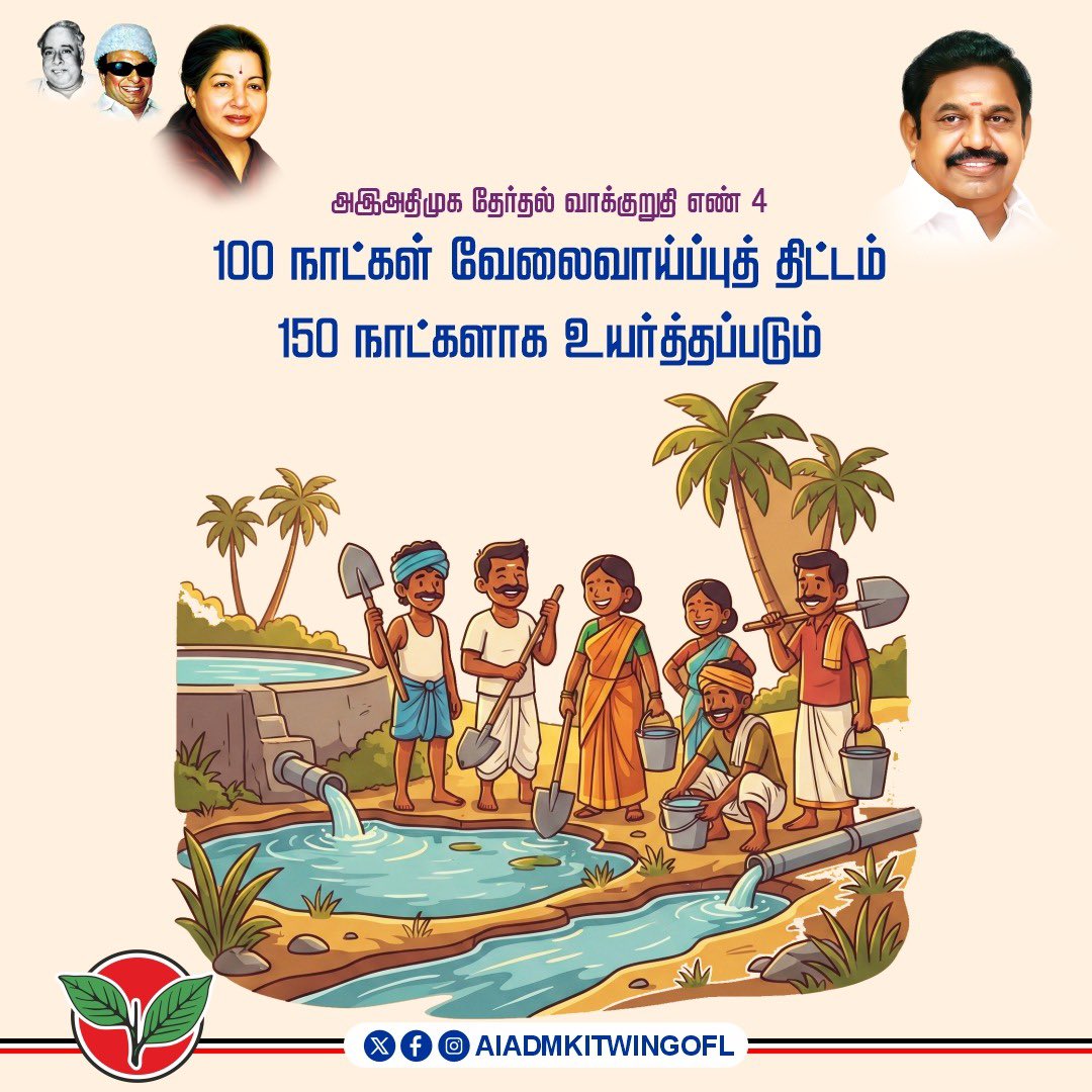 AIADMKITWINGOFL's tweet photo. அஇஅதிமுக தேர்தல் வாக்குறுதி எண் 4

100 நாட்கள் வேலைவாய்ப்புத் திட்டம் 125 நாட்களாக உயர்த்தப்படும் என்று மத்திய அரசு அறிவித்துள்ளது.

கிராமப்புறங்களின் வளர்ச்சிக்கான இத்திட்டம், 150 நாட்கள் வேலைவாய்ப்புத் திட்டமாக உயர்த்தப்படும்.

மாண்புமிகு கழகப் பொதுச்செயலாளர் புரட்சித்தமிழர் @EPSTamilNadu அவர்கள்