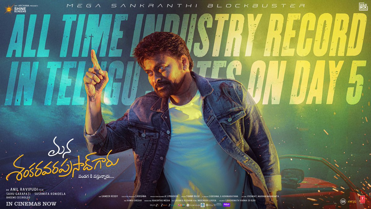 Megastar <a href="/KChiruTweets/">Chiranjeevi Konidela</a> continues to set new benchmarks at the box office 💥💥💥

#MegaSankranthiBlockbusterMSG creates an ALL-TIME INDUSTRY RECORD, emerging as the highest share- film in AP &amp; TS on its 5th day 🔥

Book your tickets now and celebrate #ManaShankaraVaraPrasadGaru