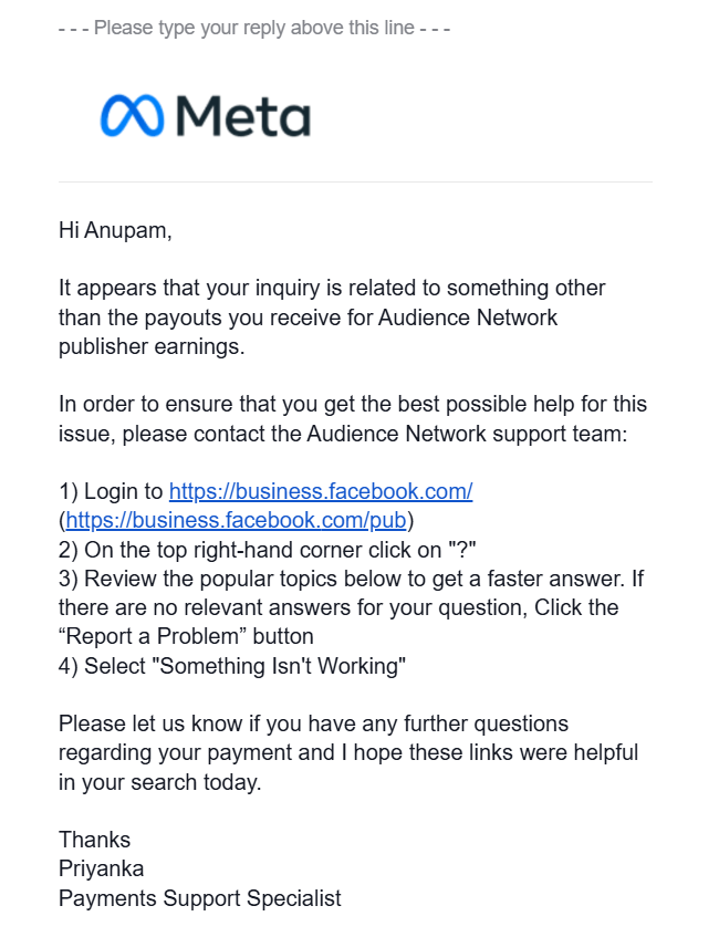 anupam006's tweet photo. @MetaforDevs @Meta Horrible support 

ur page is asking to raise support ticket for manual linking.

Raised Ticket, screenshot, video. 

"Hi Anupam,
It appears that your inquiry is related to something other than the payouts you receive for Audience Network publisher earnings." https://t.co/OXWl7ZBS7L