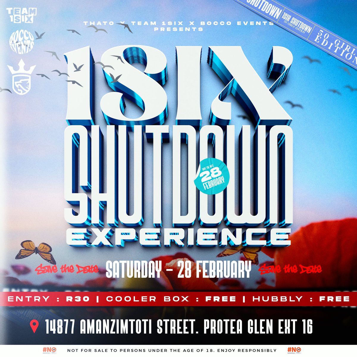 Team_1Six's tweet photo. Team1Six x Bocco Events presents : “1SixShutdownExperience - 50 Girls Edition!🌟” 
Entry fee is only R30 🤟🏾

SAVE THE DATE and let's rock! https://t.co/RVjZAyRIcZ